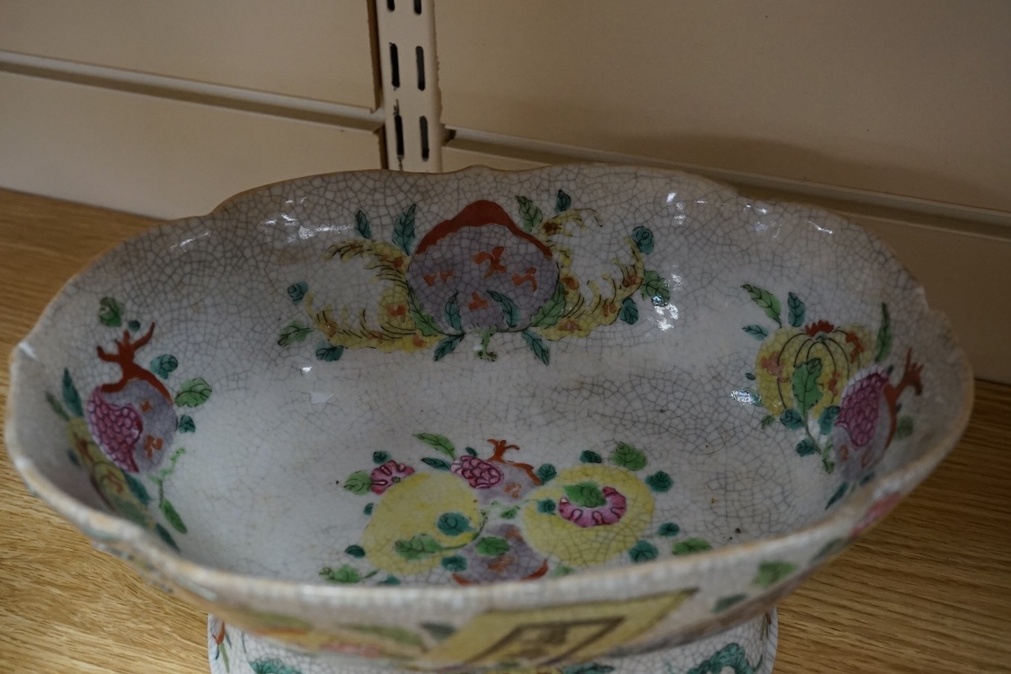 A pair of Chinese famille verte dishes, early 18th century and three 19th century Chinese bowls to include a crackle glazed example, largest 25cm wide